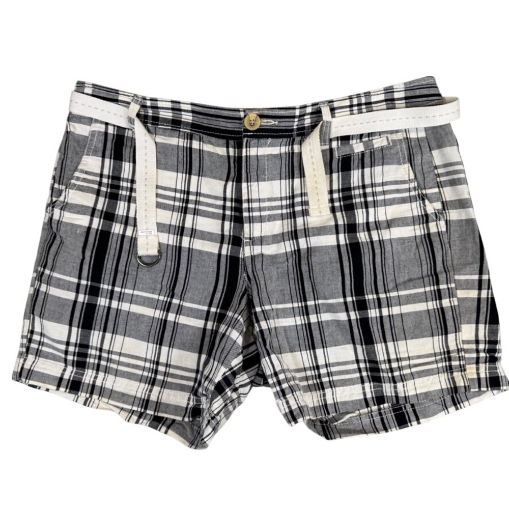 Dockers Womens Plaid Linen Blend Shorts Size 14 Black White Belted Casual